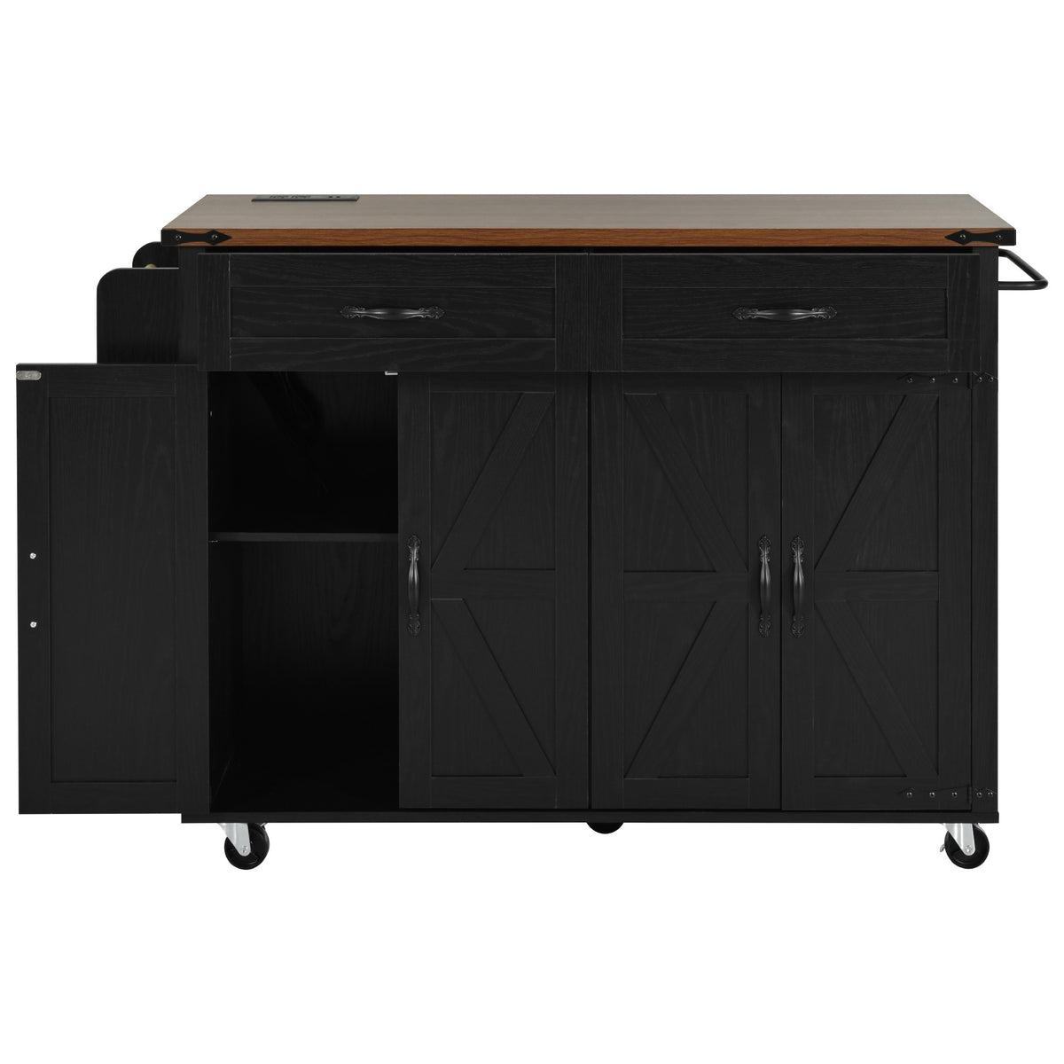 K&K 53.5''Farmhouse Kitchen Island with Power Outlet, Kitchen Storage Island with Drop Leaf, Spice Rack and Drawer, Rolling Kitchen Cart on Wheels, for Home, Kitchen and Dining Room, Black N707P170348B-djyc