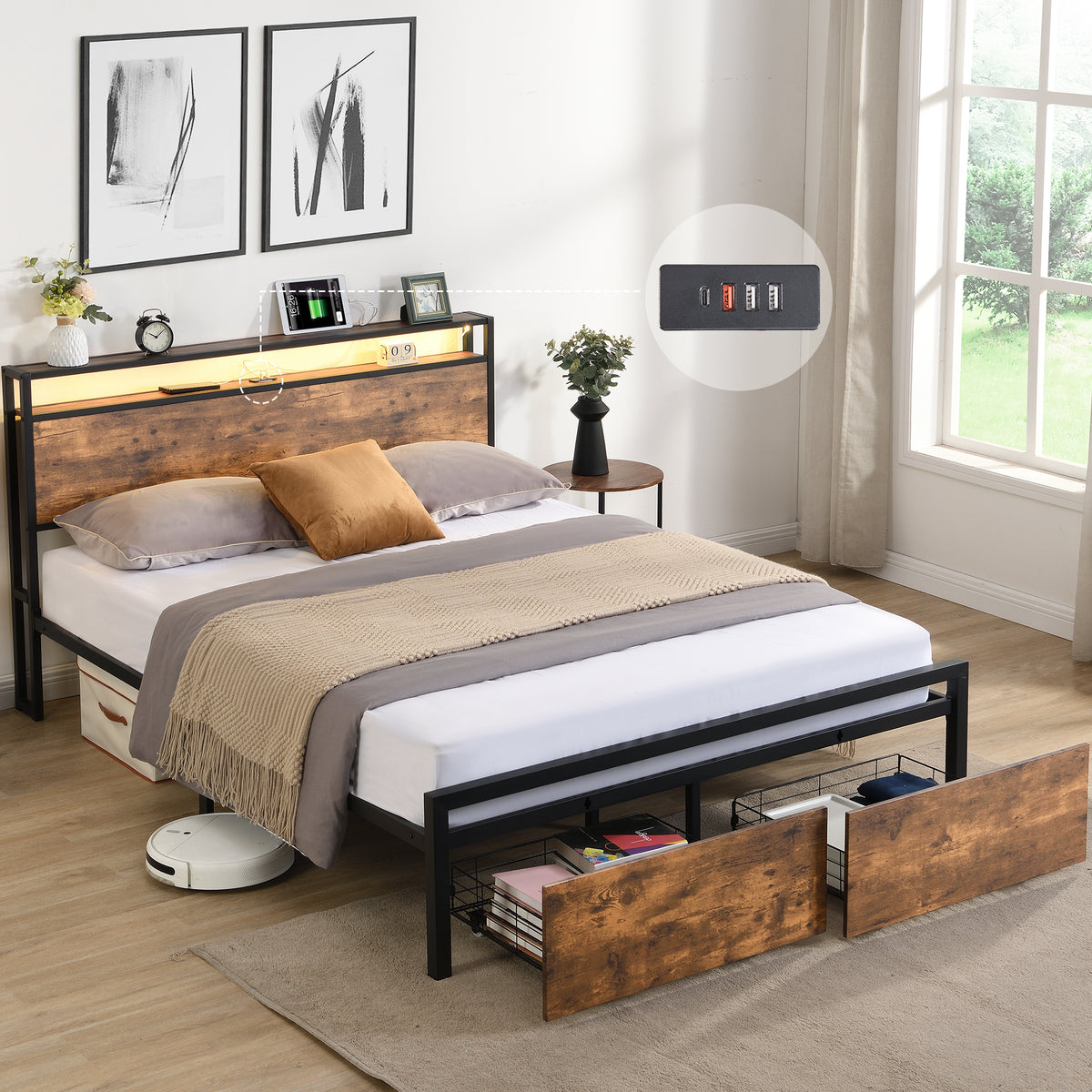 Full Size Bed Frame with Storage Headboard and 2 Drawers, LED Lights Bed with Charging Station, Metal Platform Bed No Noise, Mattress Foundation Strong Metal Slats Support No Box Spring Needed W1916126252-djyc