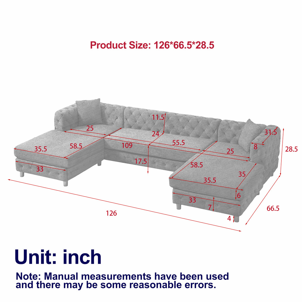 126-inch Modern Style Chenille Three Piece Sofa, Pull Point Design U-shaped Sofa two Chaise Longue Seats, two Pillows and Plastic Feet, Suitable for Living room, Bedroom, Lounge and Projection Room W834S00330-djyc