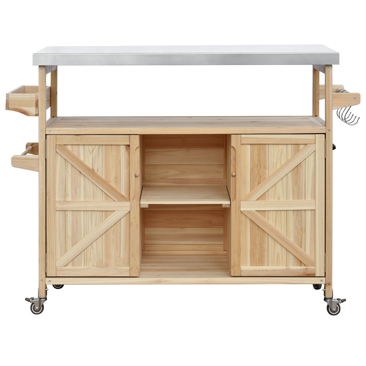 K&K Outdoor Kitchen Island, Rolling Bar Cart & Storage Cabinet, Farmhouse Solid Wood Outdoor Grill Table with Stainless Steel Top, Spice Rack , Towel Rack for Kitchen & BBQ , Natural WF532198AAY-djyc