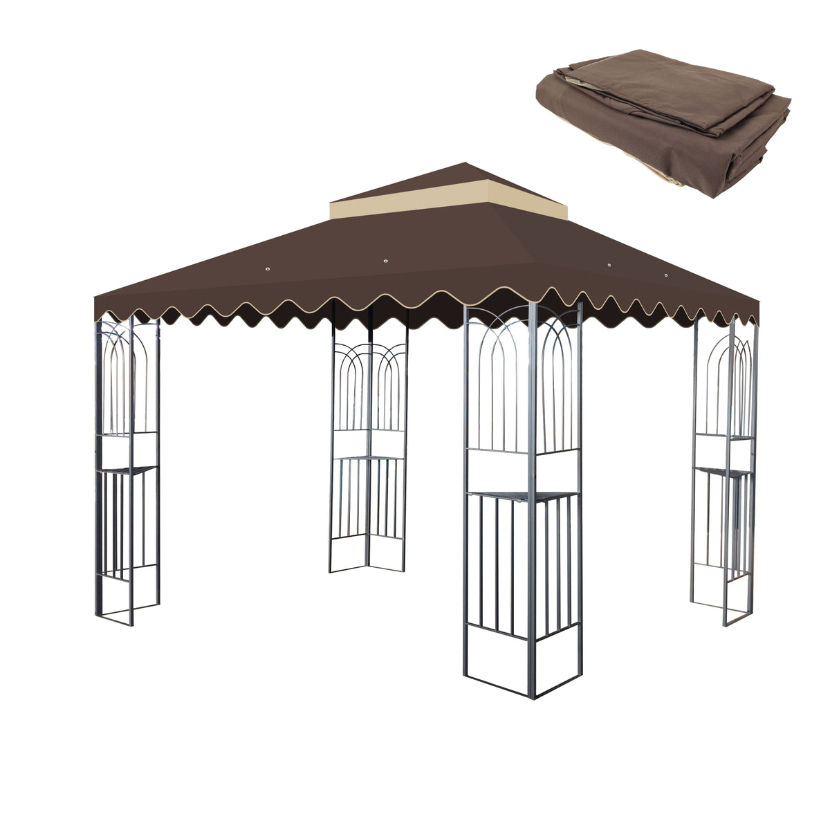 10x10 Ft Outdoor Patio Gazebo Replacement Canopy,Double Tiered Gazebo Tent Roof Top Cover Only wavy border(Frame Not Include)-BROWN W419P198353-djyc