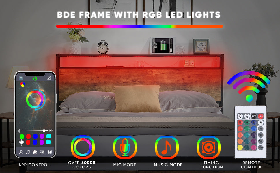 Full Size Bed Frame with Storage Headboard and 2 Drawers, LED Lights Bed with Charging Station, Metal Platform Bed No Noise, Mattress Foundation Strong Metal Slats Support No Box Spring Needed W1916126252-djyc