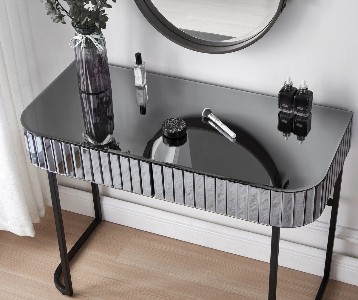 39" Mirrored Makeup Vanity Table with Stainless Steel Base, Mirrored Console Dressing Table with 2 Drawers,Versatile Desk for Bedroom and Office, Gray N704P171796B-djyc