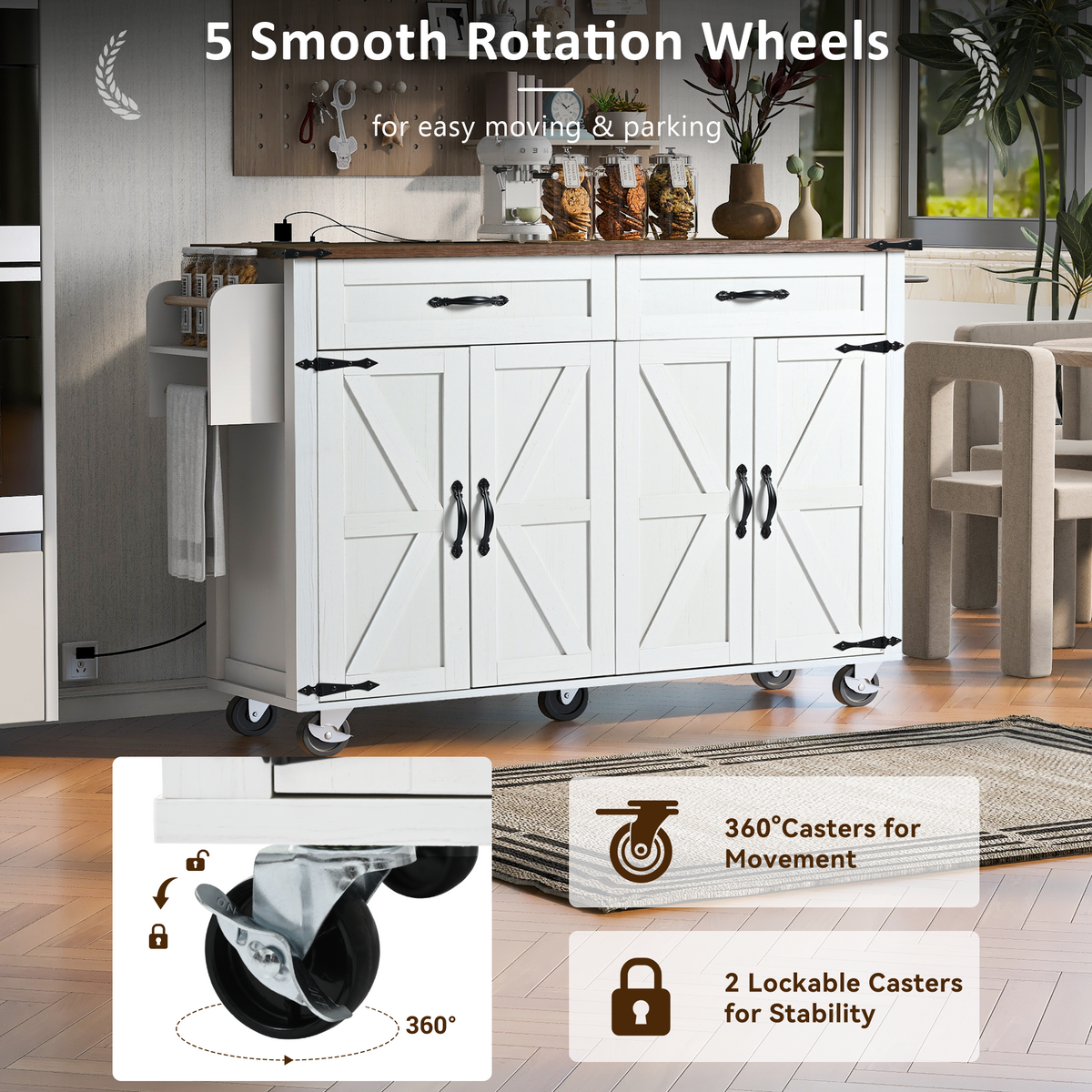 K&K 53.5''Farmhouse Kitchen Island with Power Outlet, Kitchen Storage Island with Drop Leaf, Spice Rack and Drawer, Rolling Kitchen Cart on Wheels, for Home, Kitchen and Dining Room, White N707P170348W-djyc