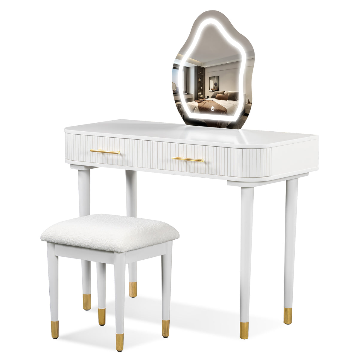 40" Modern Vanity Table Set with Mirror Touch Screen Lighted Mirror, Dressing Table and Cushioned Stool Set with 2 Large Drawers, White N704P196657K-djyc