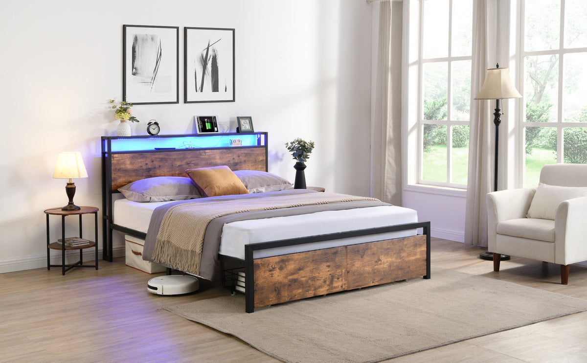 Queen Size Bed Frame with Storage Headboard and 2 Drawers, LED Lights Bed with Charging Station, Metal Platform Bed No Noise, Mattress Foundation Strong Metal Slats Support No Box Spring Needed W1916126253-djyc