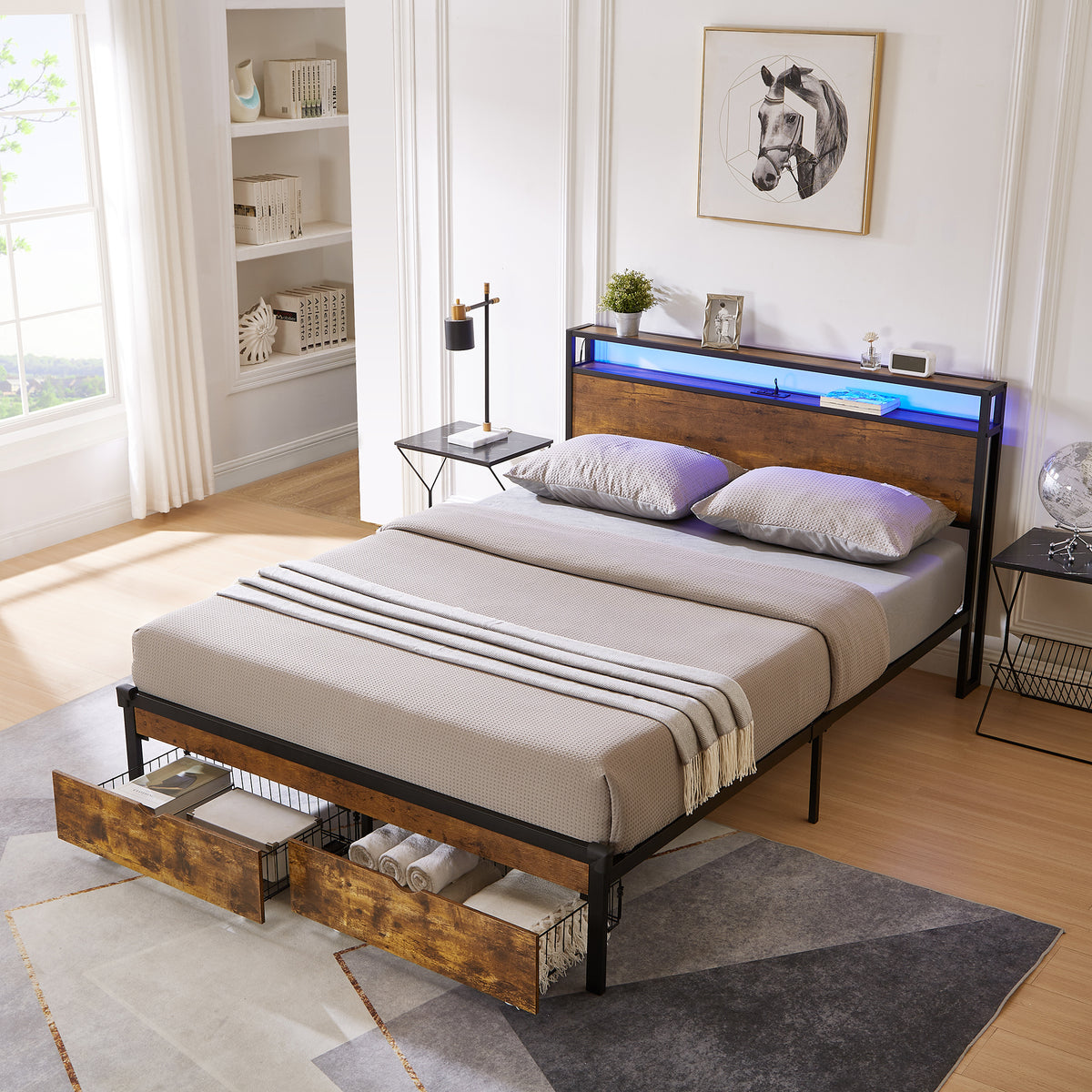 King Size Metal Platform Bed Frame with Wooden Headboard and Footboard with USB,Charging Station,2 Drawers,LED Lights, No Box Spring Needed, Easy Assemble W311S00044-djyc