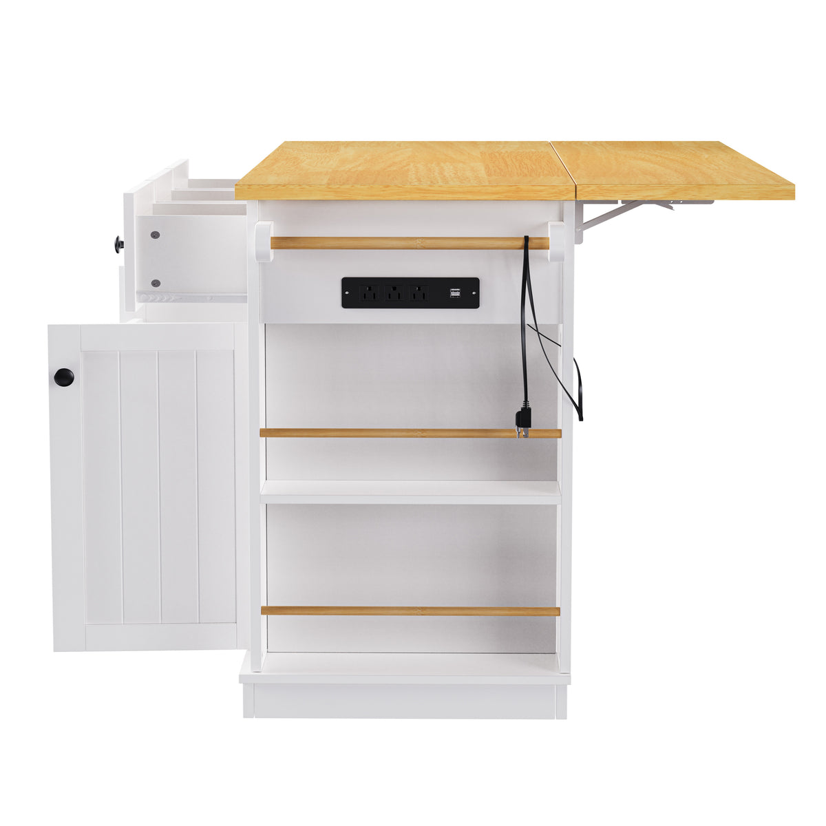 K&K 53inch Large Kitchen Island with 2 Bar Stools, Power Outlet,Door Internal Storage Rack, Kitchen Storage Cart on 5 Wheels with Drop Leaf, 5 Open Side Racks, 3 Drawers, for Kitchen,Dining Room,White N707S000007W-djyc