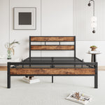 Full Size Platform Bed Frame with Rustic Vintage Wood Headboard, Strong Metal Slats Support, No Box Spring Needed W840P144083-djyc