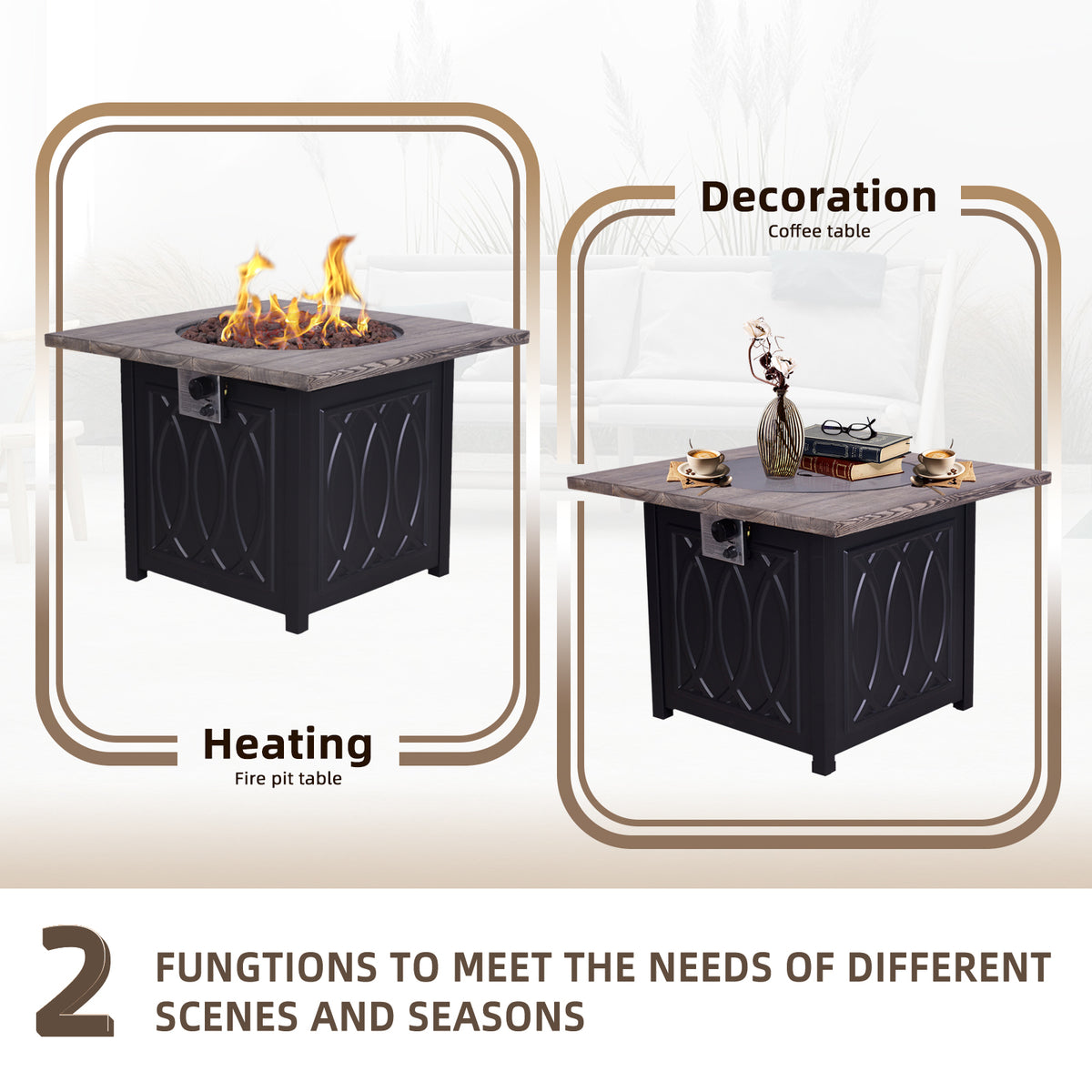 Faux Woodgrain Table top And Steel Base Propane Outdoor Fire Pit Table With Lid W2029120085-djyc