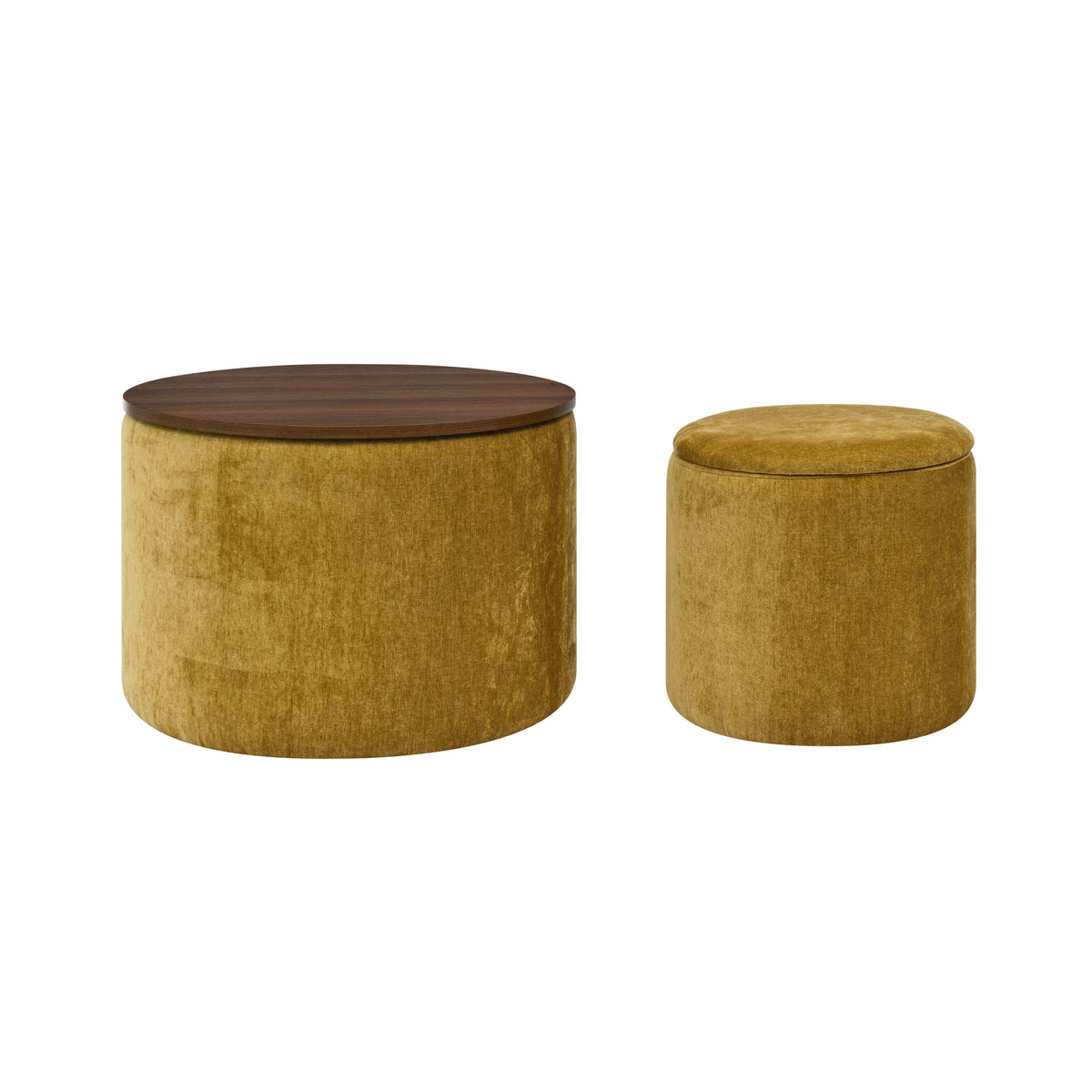 2-Piece Set Round Chenille Storage Ottoman, Equipped with a Drum Shaped Small Stool, Storage Space, and MDF Made Desktop Panel (Dark Yellow 23.62"x23.62"x16.53") W487P179602-djyc