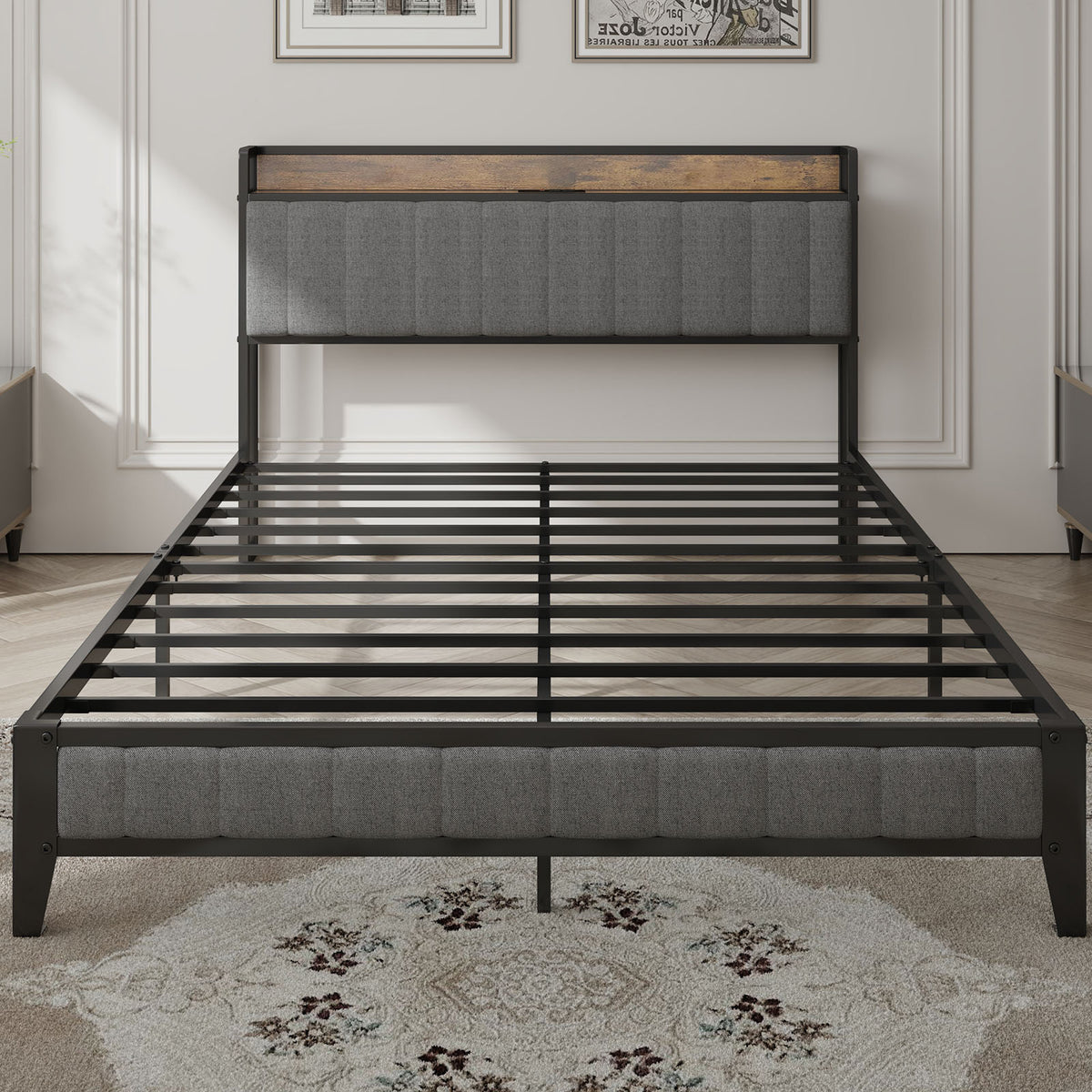 Queen Size Bed Frame with Charging Station, Upholstered Headboard, Metal Platform, Grey W1960131346-djyc