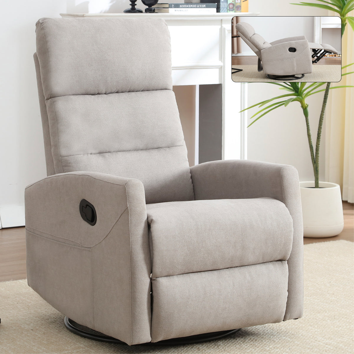 Manual Recliner Chair with Rocker and Swivel in Fabric for Living Room, Khaki W1803P252281-djyc