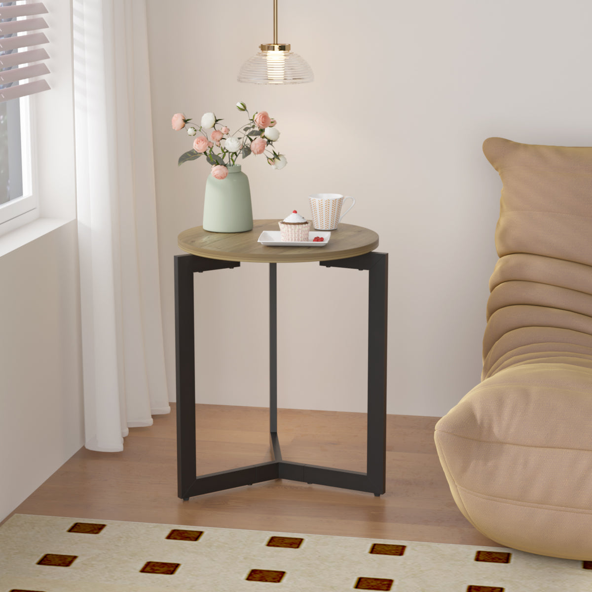 19.68''H Round Side Table, Round Accent End Table with Sturdy Metal Frame, Round Nightstand, for Living Room, Bedroom, Balcony, Office, Brown W808P176716-djyc