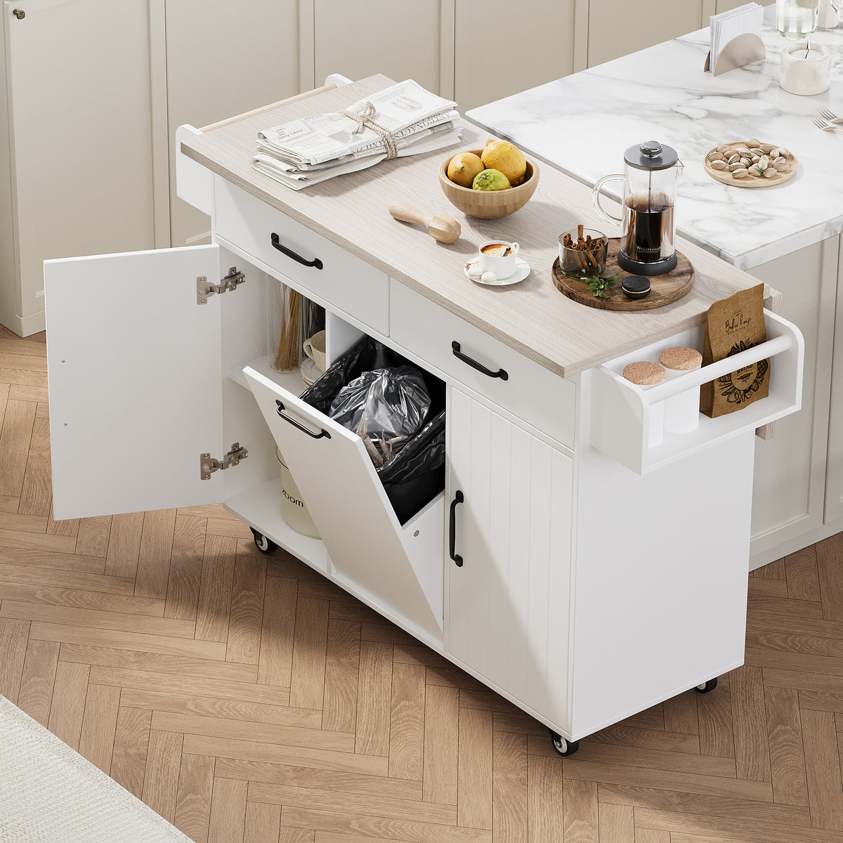 K&K Kitchen Island with Trash Can Storage Cabinet, Kitchen Cart with Drop Leaf, Spice Rack, Towel Rack and Drawer, Rolling Kitchen Island on Wheels with Adjustable Shelf, White WF326381AAW-djyc