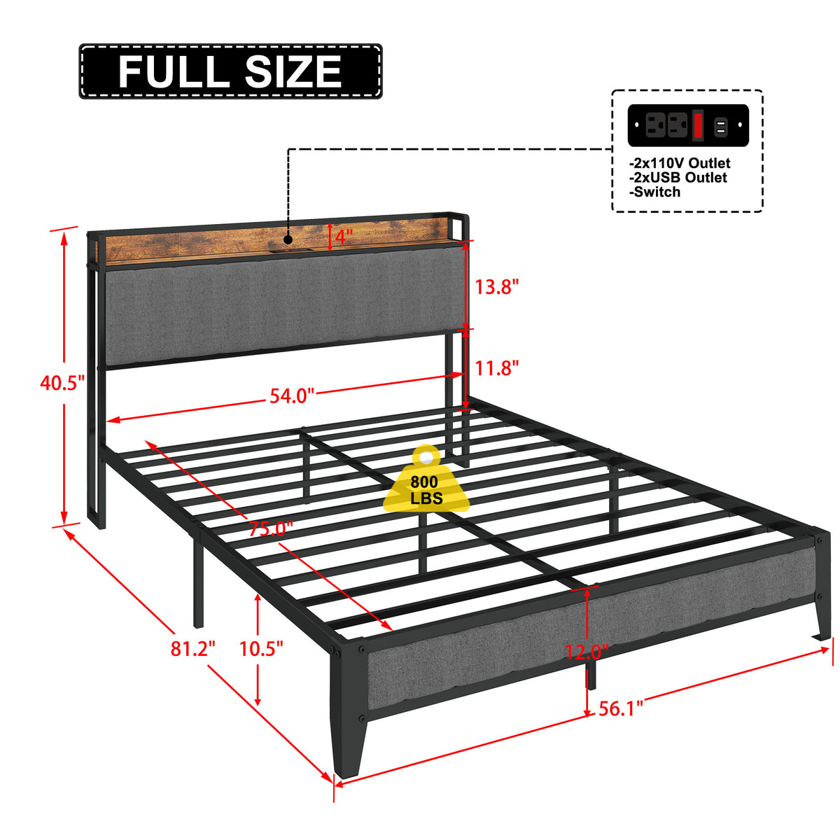 Full Size Bed Frame with Charging Station, Upholstered Headboard, Metal Platform, Grey W1960131344-djyc