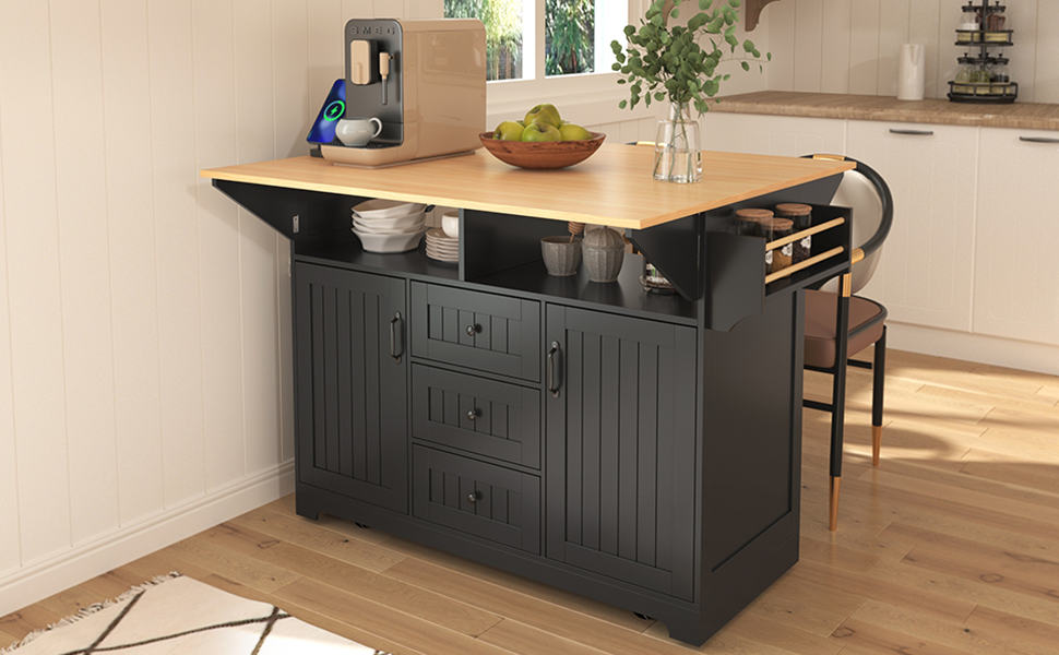 K&K 55.7'' Large Kitchen Island with 2 Drop Leaf,, Rolling Kitchen Cart on 5 Wheels with Power Outlet, Folding Storage Dining Table with Spice & Towel Rack , 3 Drawers, for Kitchen, Dining Room,Black N707P186617B-djyc