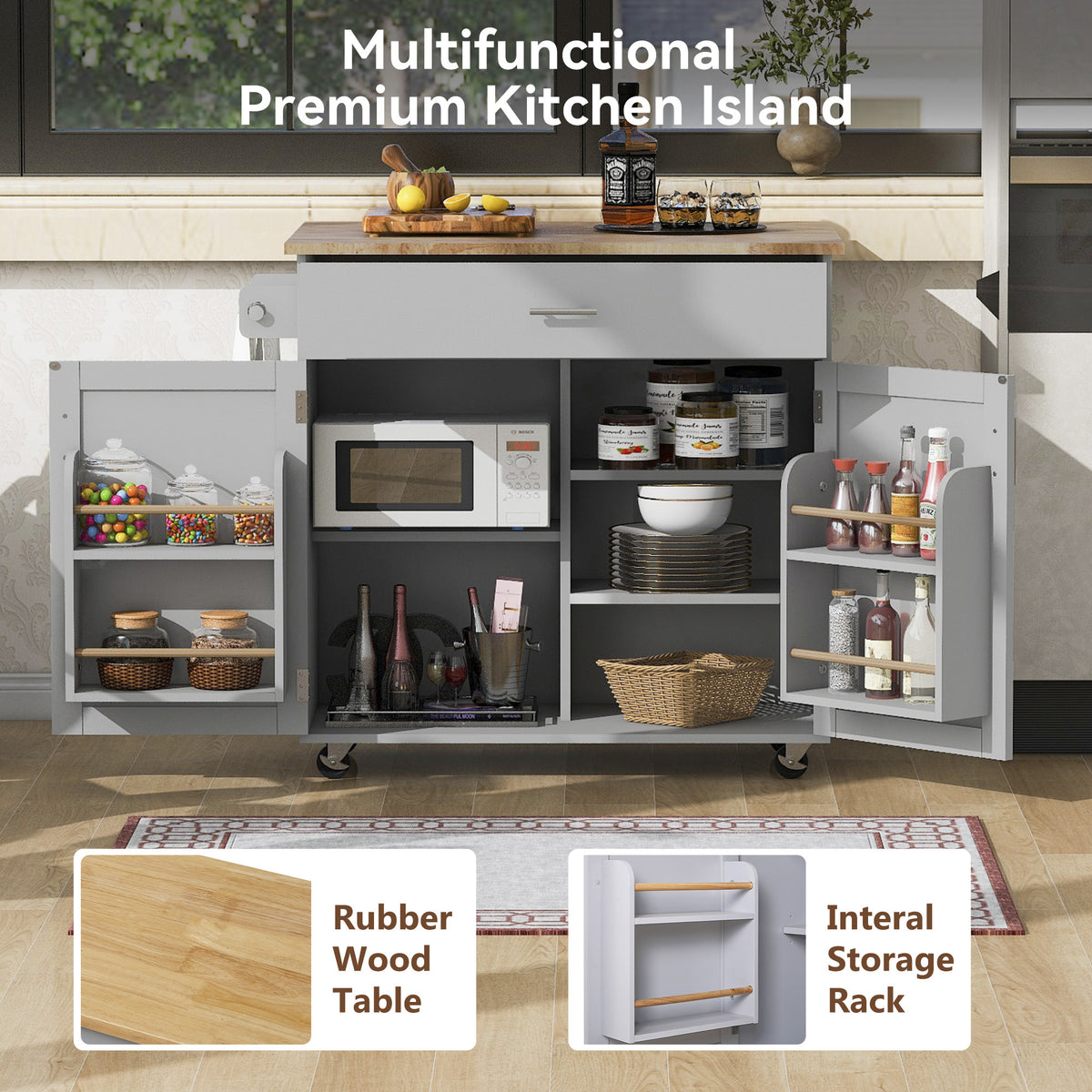 K&K Rolling Kitchen Island with Storage, Kitchen Cart with Rubber Wood Top, Spacious Drawer with Divider and Internal Storage Rack, Kitchen Island on Wheels with Adjustable Shelf Tower Rack, Grey WF316601AAG-djyc