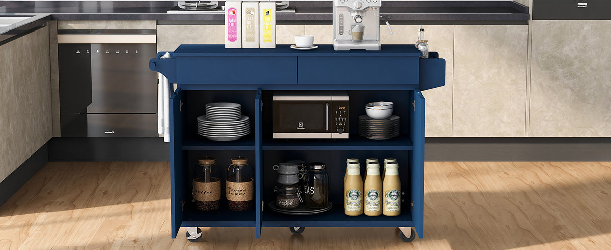 K&K 53.2''Kitchen Island with Drop Leaf, Kitchen Storage Cart with Spice Rack, Towel Rack and 2 Drawers, Rolling Kitchen Island on Wheels with Adjustable Shelves for Kitchen, Dining Room, Navy Blue N707P173041G-djyc