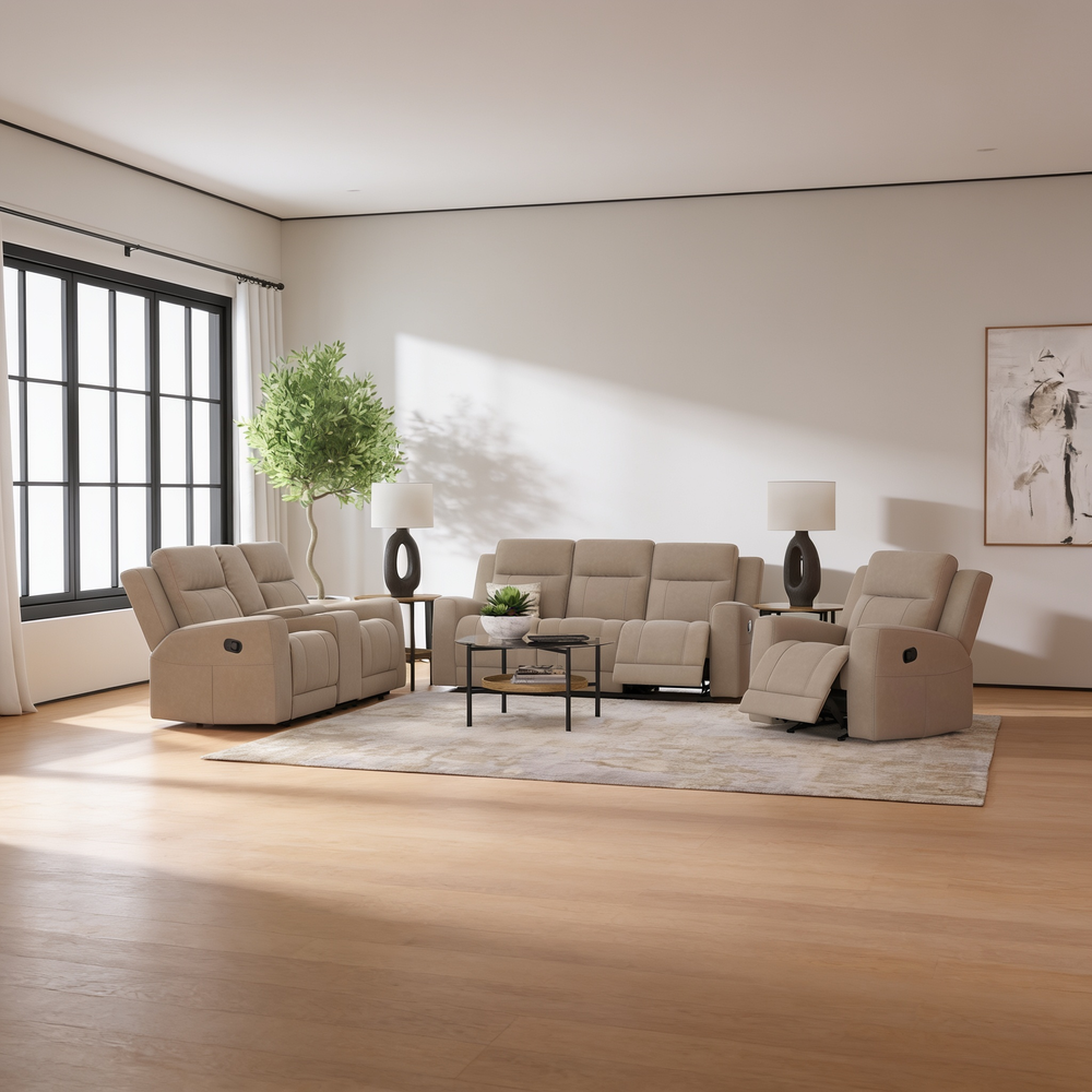 Slater Taupe 3-Piece Upholstered Reclining Sofa Set with Modern Design, Faux Leather, and Built-in Storage-B062S01806 - 场景图