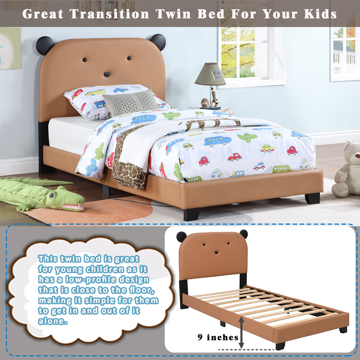 Upholstered Twin Size Platform Bed for Kids, Wooden Bed Frame with Slatted Bed Base, No Box Spring Needed, Cute Bed Frame with Bear Design Headboard for Girls Boys Teens, Brown W1998124482-djyc