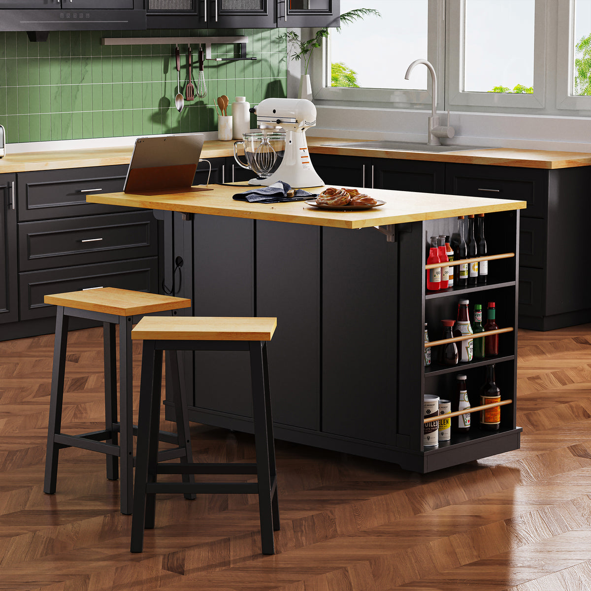 K&K 53inch Large Kitchen Island with 2 Bar Stools, Power Outlet,Door Internal Storage Rack, Kitchen Storage Cart on 5 Wheels with Drop Leaf, 5 Open Side Racks, 3 Drawers, for Kitchen,Dining Room,Black N707S000007B-djyc