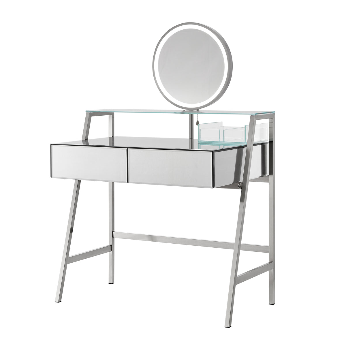 33.9" Mirrored Makeup Vanity Desk with Mirror and Lights, Mirrored Console Vanity Table with 2 Big Drawers & Open Shelf, Dressing Table with Charging Station for Bedroom, Silver FG202302AAA-djyc