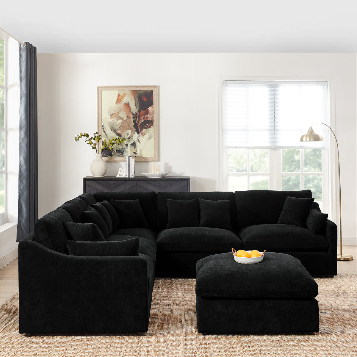 6-Seats Modular L-Shaped Sectional Sofa with Ottoman,10 Pillows, Oversized Upholstered Couch w/Removabled Down-Filled Seat Cushionfor Living Room, Chenille Black W487S00211-djyc