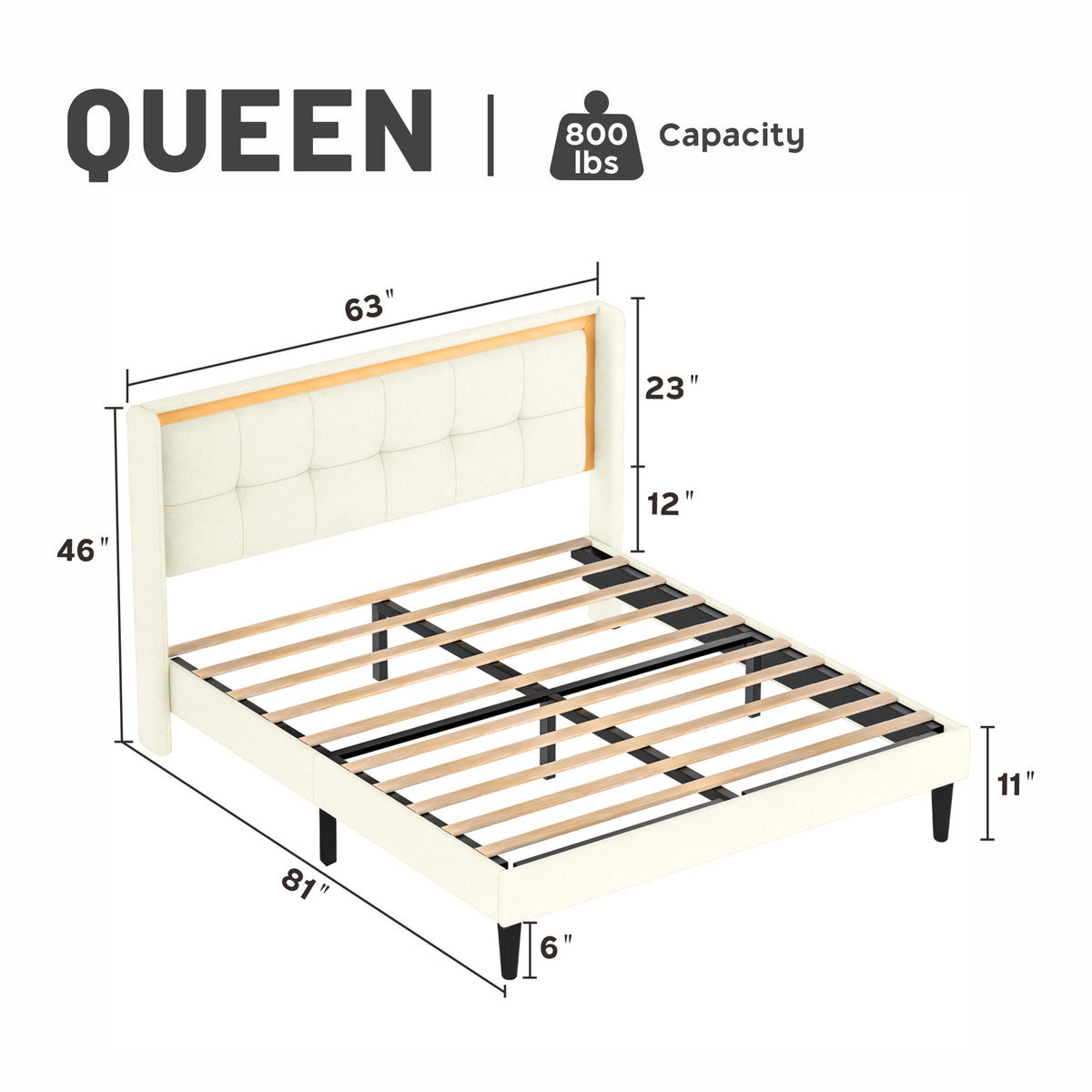 Queen Size Upholstered bed with headboard, sturdy wooden slats, high load-bearing capacity, non-slip and noiseless, no springs, easy to assemble, beige W1793115334-djyc