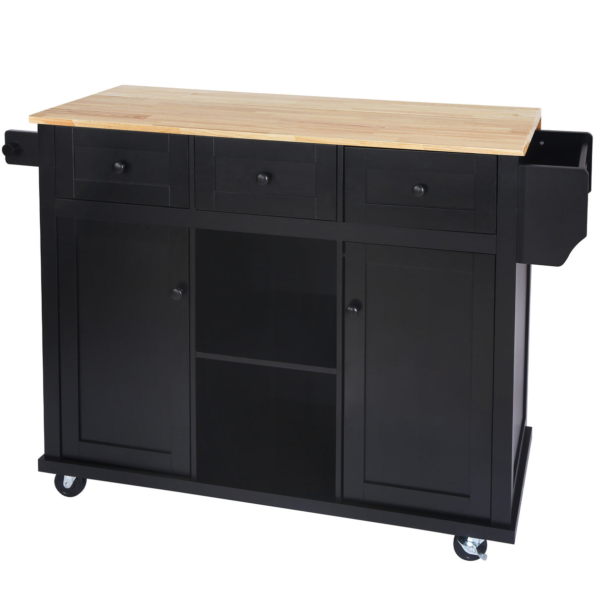 Kitchen Cart with Rubber wood Drop-Leaf Countertop ,Cabinet door internal storage racks,Kitchen Island on 5 Wheels with Storage Cabinet and 3 Drawers for Dinning Room, Black WF298028AAB-djyc