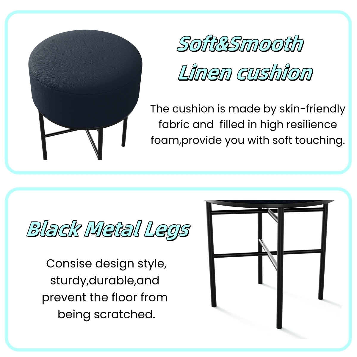 2 pcs Round Cushioned Vanity Stool, Linen Upholstered Vanity Stool for Makeup Room, Modern Soft Stool for Bar and Dining, Ottoman Footrest Stool with Metal Legs for Living Room, Bedroom(Black) W2557P180257-djyc