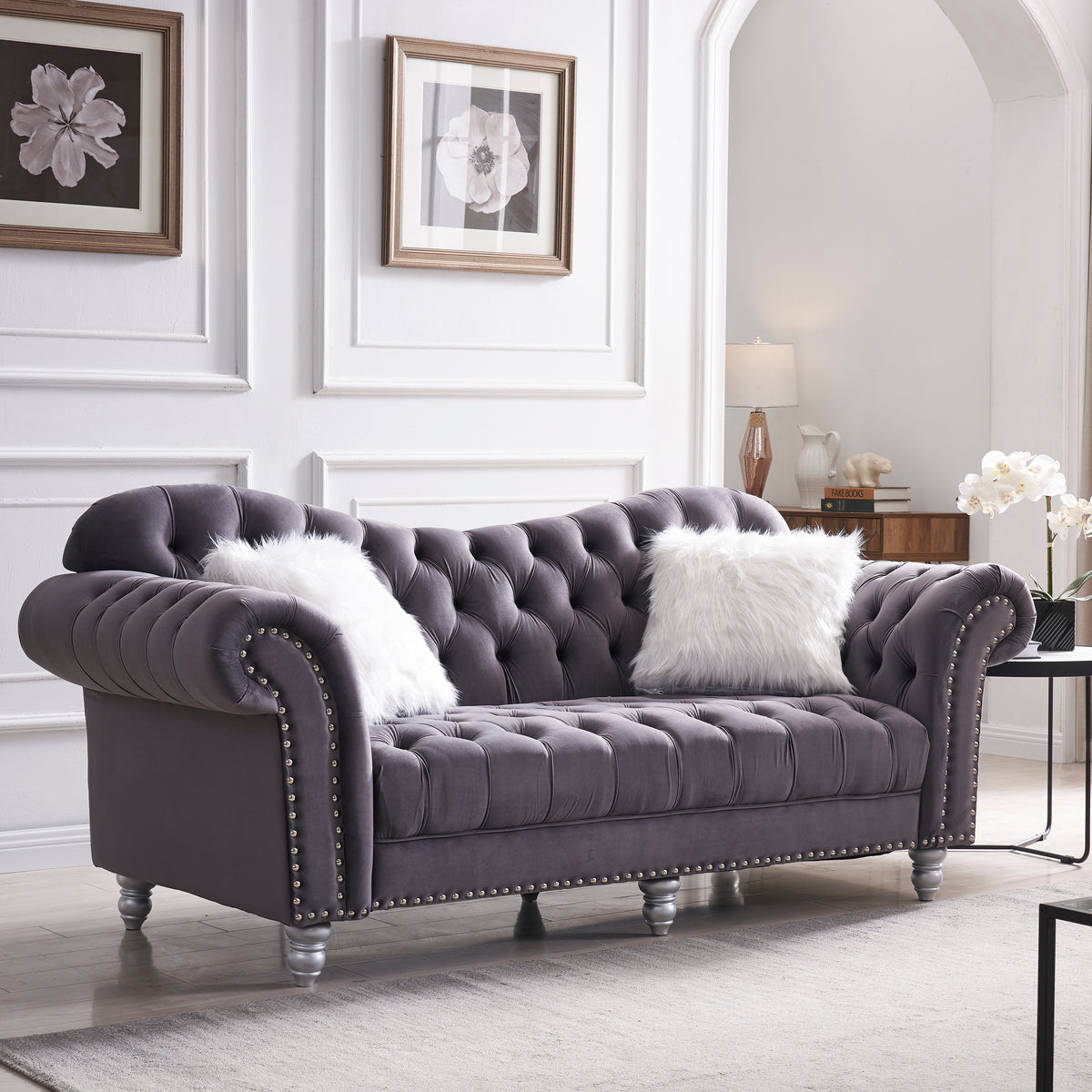 3 Piece Living Room Sofa Set, including 3-Seater Sofa, Loveseat and Sofa Chair, with Button and Copper Nail on Arms and Back, Five White Villose Pillow, Grey. W487S00050-djyc