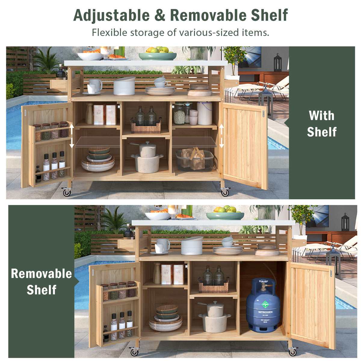 K&K Outdoor Kitchen Island, Rolling Bar Cart & Storage Cabinet, Farmhouse Solid Wood Outdoor Grill Table with Stainless Steel Top, Spice Rack , Towel Rack for Kitchen & BBQ , Natural WF532198AAY-djyc