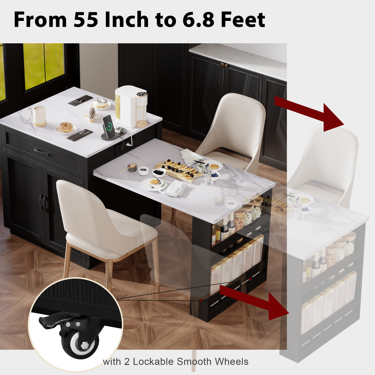 K&K 82.7 inch Kitchen Island with Extendable Dining Table for 4-6 Person,Faux Mable Kitchen Table with Double-sized Storage,Power Outlet,Kitchen island with Storage 2 Drawers 2 Side Open Shelves,Black N707S000010B-djyc