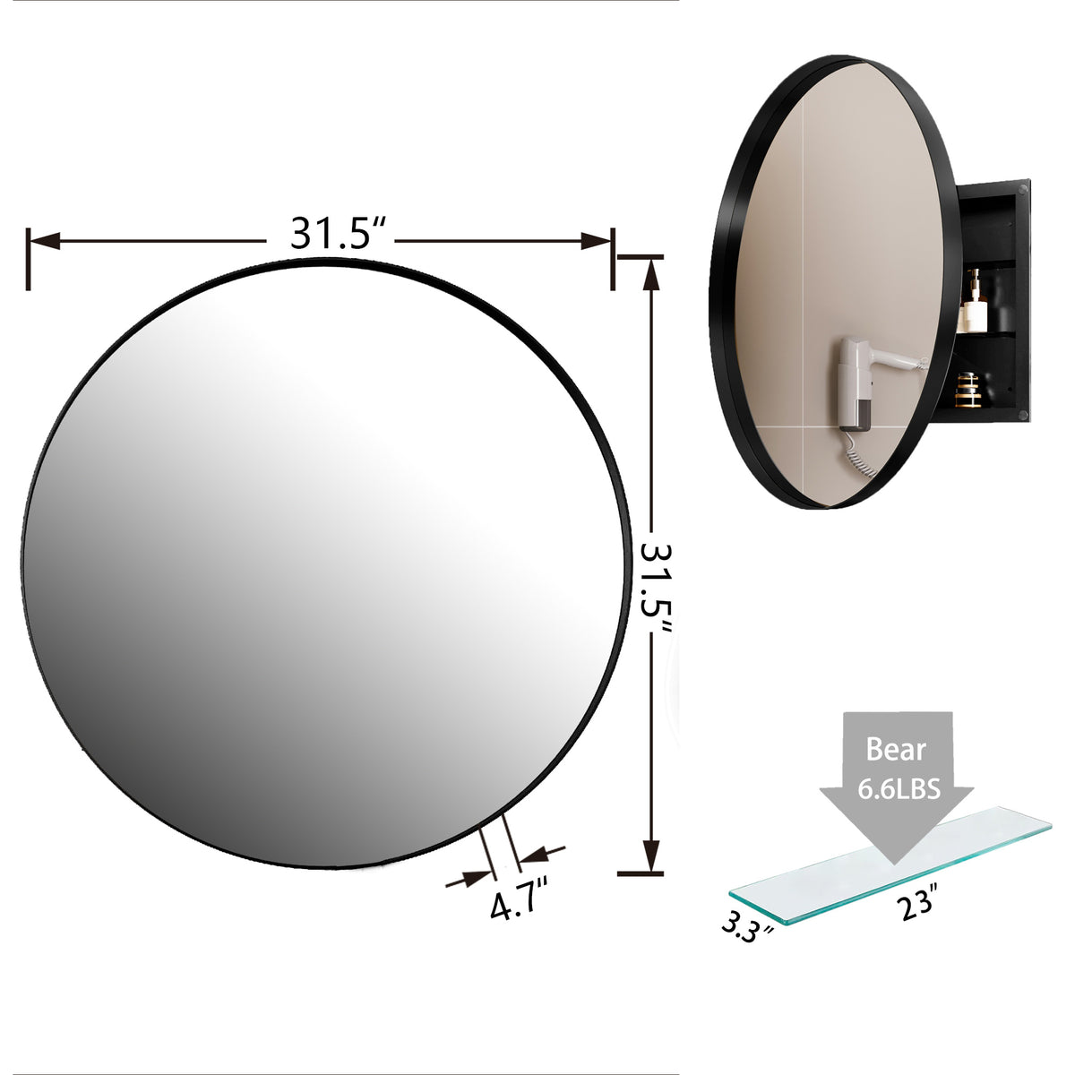 31.5 Inch Surface Mount Round Metal Framed Medicine Cabinet with Mirror and Adjustable Shelves Black Wall Mirror with Storage for Bathroom, Matte Black W1435P194674-djyc