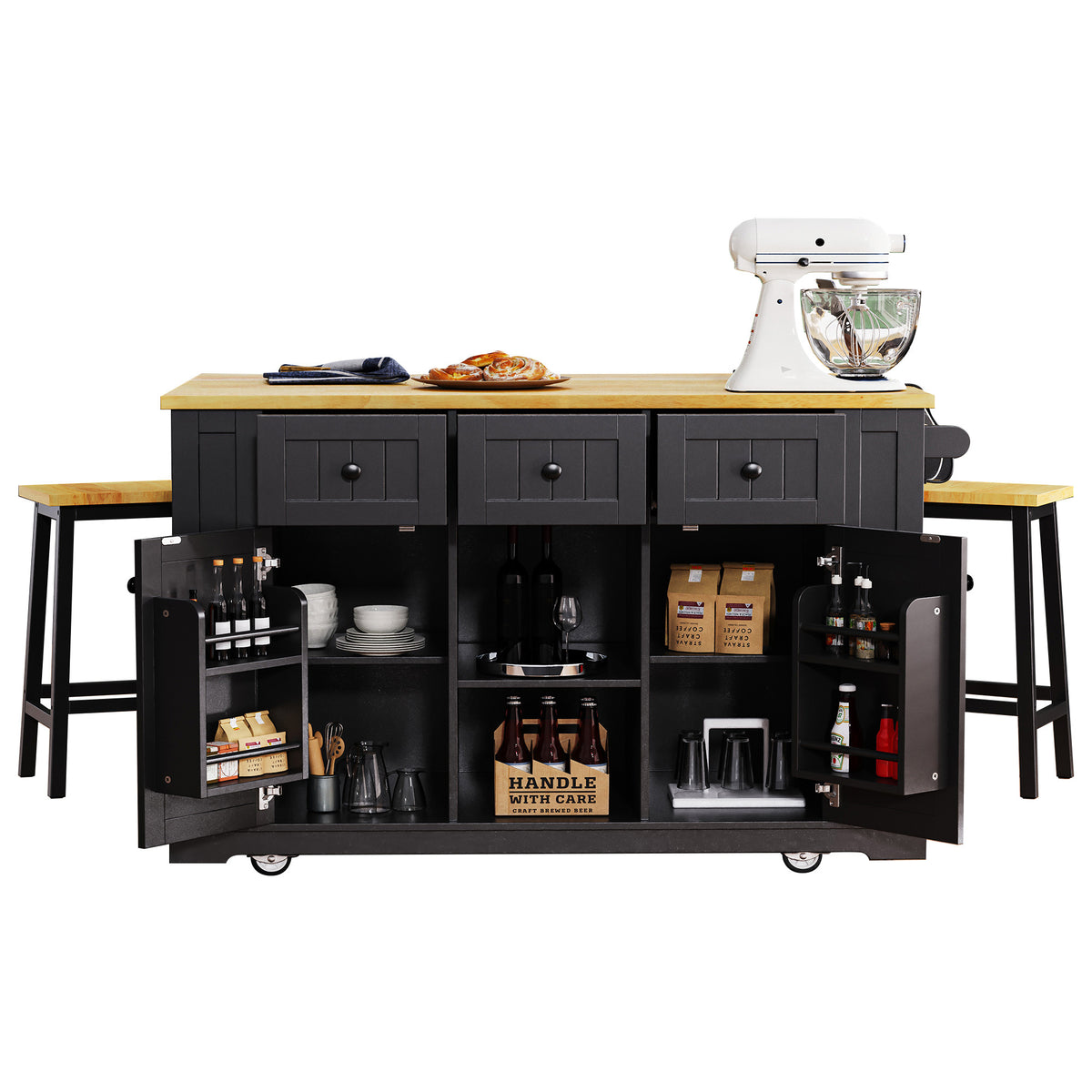 K&K 53inch Large Kitchen Island with 2 Bar Stools, Power Outlet,Door Internal Storage Rack, Kitchen Storage Cart on 5 Wheels with Drop Leaf, 5 Open Side Racks, 3 Drawers, for Kitchen,Dining Room,Black N707S000007B-djyc