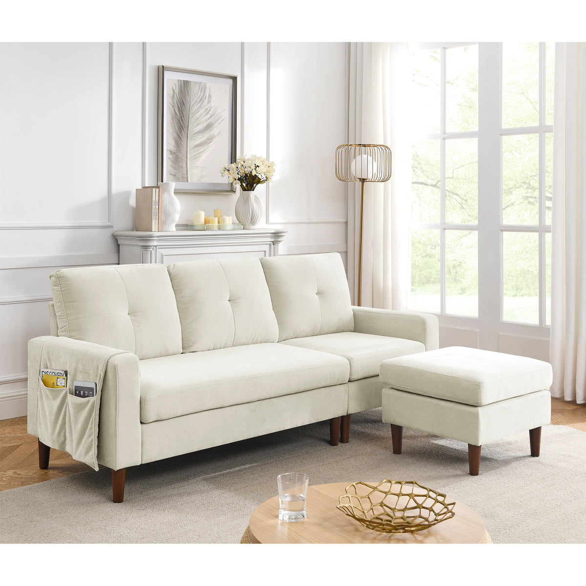 80" Convertible Sectional Sofa Couch, 3 Seats L-shape Sofa with Removable Cushions and Pocket, Rubber Wood Legs, Beige Chenille W487S00108-djyc