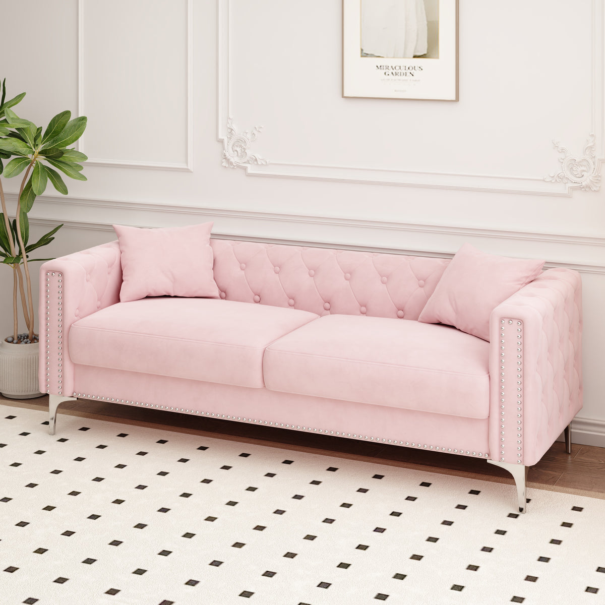 Charming Addition: 83" Pink Velvet Triple Sofa Set with 2 Complimentary Pillows – Ideal for Any Space, Big or Small W1278131612-djyc