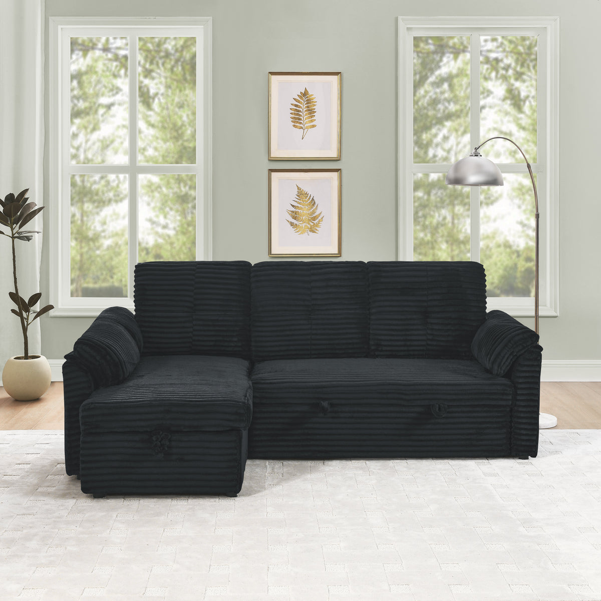 Corduroy Tufted Upholstered Sleeper Sectional Sofa, L-Shaped Modular Convertible Sofa with Reversible Storage Chaise, Pull Out Sleep Couch Bed and Reclining Backrest Perfect for Living Space, Black W487S00227-djyc