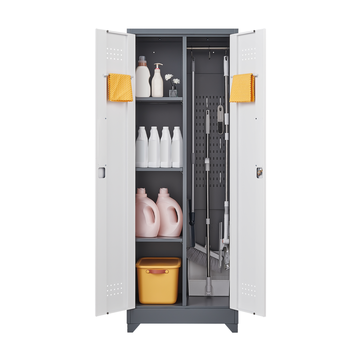 Metal Storage Cabinets, Cleaning Tool Cabinet with Locking Door, Tall Broom Tool Organizer and Storage, Large Storage Cabinet for Kitchen, Pantry, Office, Shop W328P193782-djyc