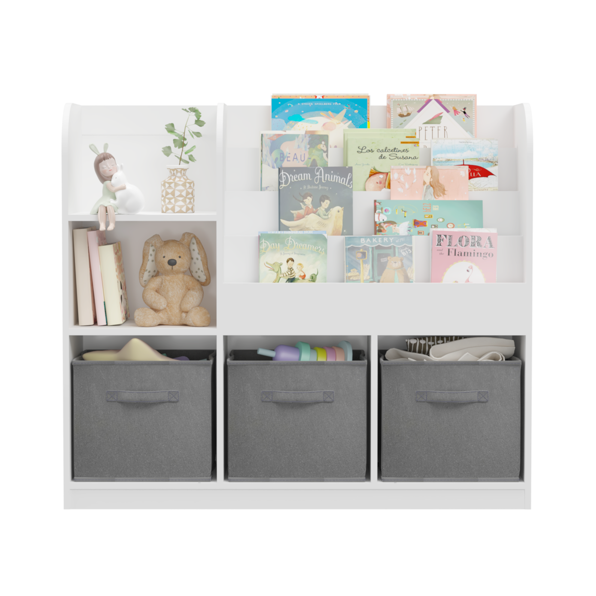 Kids Bookcase and Bookshelf, Multifunctional Bookcase with 3 Collapsible Fabric Drawers, Bookcase Display Stand, Toy Storage Organizer for Bedroom, Playroom, Hallway (White/Gray) W808127602-djyc