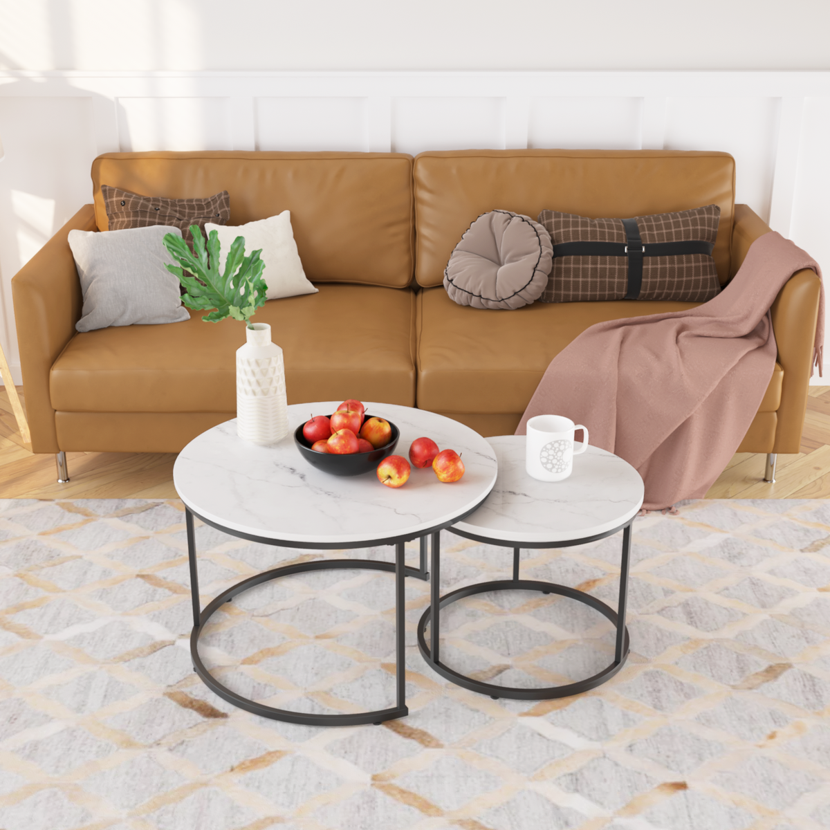 Nesting Coffee Table Set of 2, 27.6inch Round Coffee Table Wood Marble Pattern Top with Sturdy Metal Frame, End Table Side Tables for Living Room Bedroom Balcony Yard (White) W808P176725-djyc