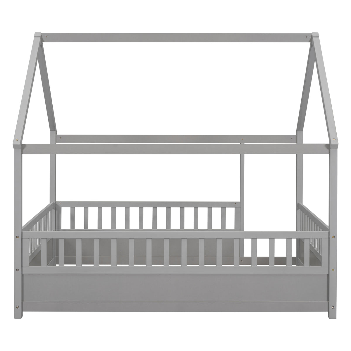 Full Size Floor Wooden Bed with House Roof Frame, Fence Guardrails,Grey W1858123988-djyc