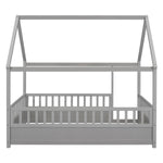 Full Size Floor Wooden Bed with House Roof Frame, Fence Guardrails,Grey W1858123988-djyc