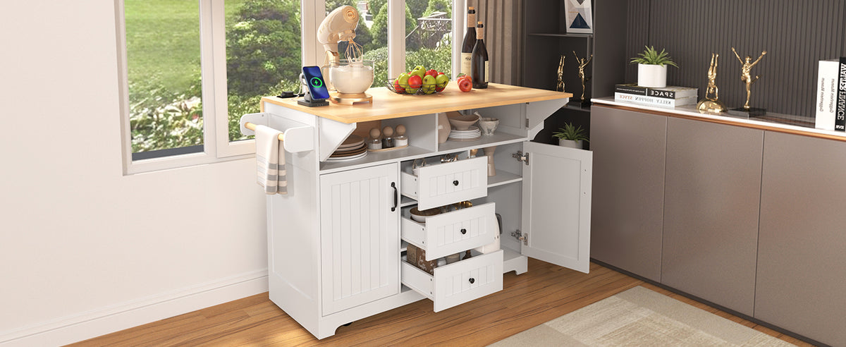 K&K 55.7'' Large Kitchen Island with 2 Drop Leaf,, Rolling Kitchen Cart on 5 Wheels with Power Outlet, Folding Storage Dining Table with Spice & Towel Rack , 3 Drawers, for Kitchen, Dining Room,White N707P186617W-djyc