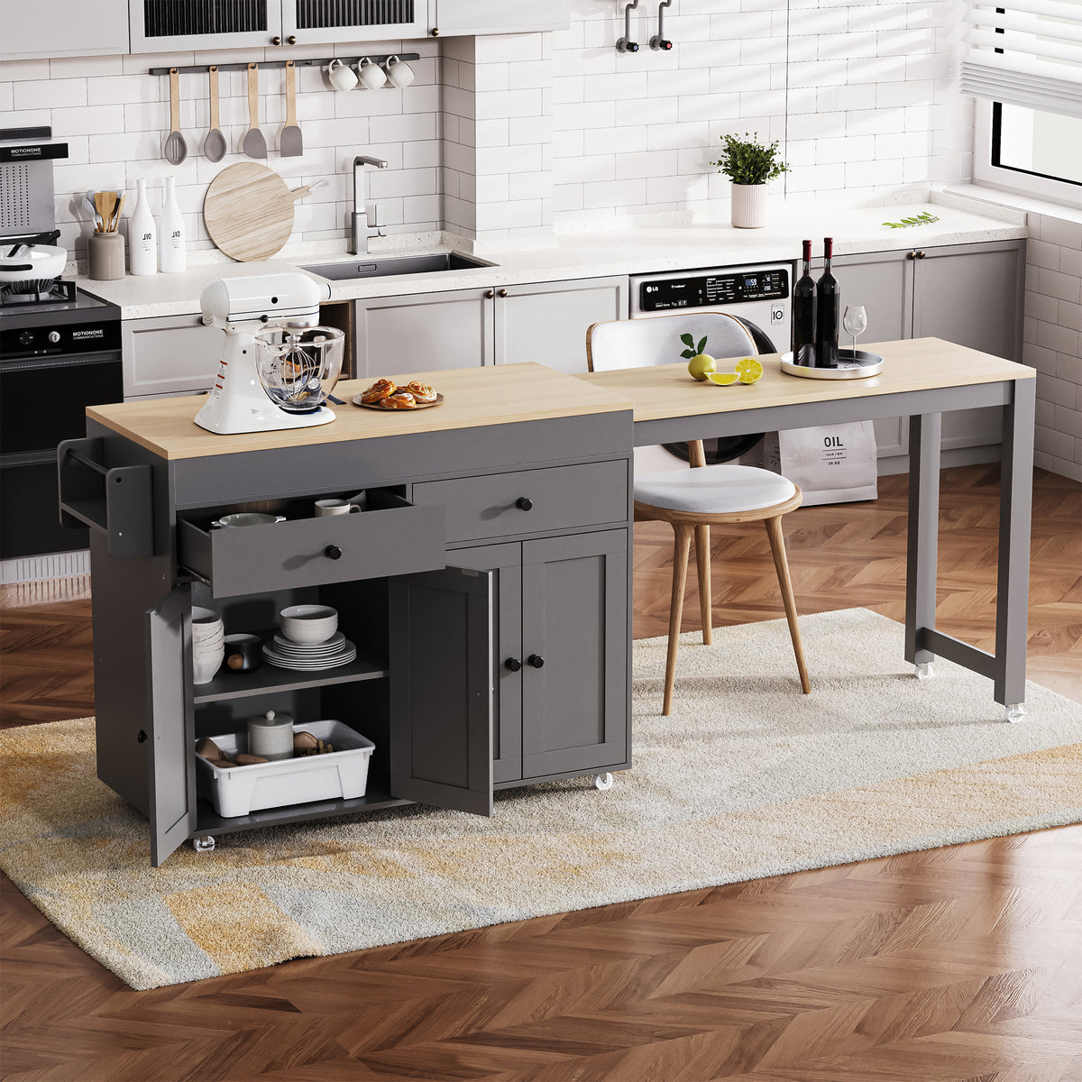 K&K 74.5 inch Kitchen Island with Extendable Dining Table , Rolling Kitchen Island on Wheels with Spice Rack and 2 Drawers,Kitchen Storage Cart with 4 Door Cabinet, for Kitchen, Dining Room, Grey N707S000009G-djyc