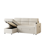 85 Inches Corduroy Sofa Bed, 3 Seater Sleeper Sofa with Storage Chaise, Square Handrail With Two Cup-holder And USB Charge Port, Pull Out Couch for Living Room W834S00272-djyc