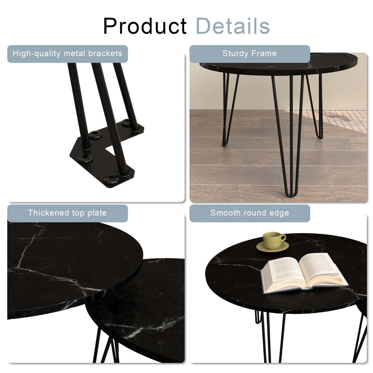 27.56'' Round Nesting Coffee Table Set of 2, Circular Nesting End Table Set, Round Marble Tabletop, and Sturdy Metal Base for Living Room, bedroom, Black W808P176733-djyc