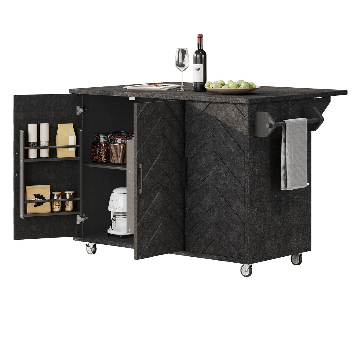 K&K 51.2"W 3D Wave Stripes Ash Veneer (Not Cheap Paper) Kitchen Island with Drop Leaf, Farmhouse Kitchen Island on Wheels with Internal Storage Rack, Rolling Kitchen Cart(Black) N707P207915B-djyc