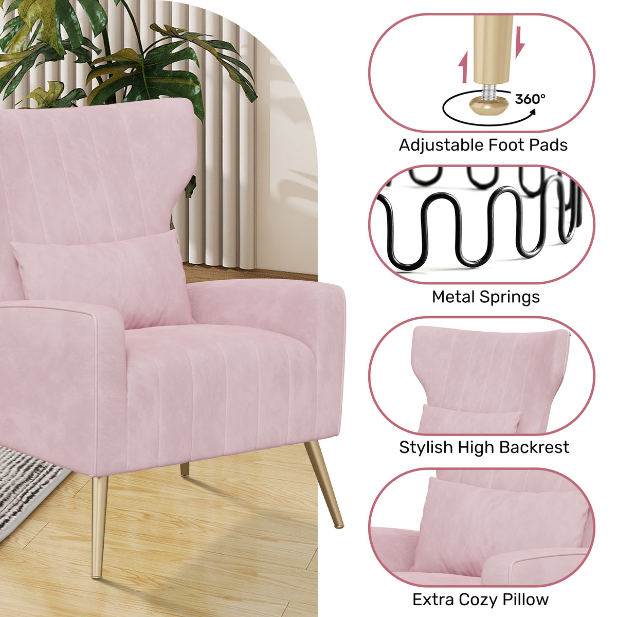 Fashionable High-Back Velvet Upholstered Armchair: High-Density Foam & Adjustable Feet FU01055-wz